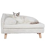 BingoPaw Luxus katzensofa Haustiersofa mit Rückenlehne Plüsch Kissen Holzbeinen, Hundesofa für kleine Hunde, Relaxsessel katzensessel für große Katzen, 70x40x39cm Beige