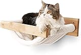 FUKUMARU Katzenhängematte Wand, Großes Katzenregal zur Wandmontage, aus massivem Gummibaumholz, Modernes Katzenbett zum Schlafen, Spielen, Tragkraft bis 18 kg, Weißes Flanellmaterial