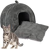 KEEPREAPER Katzenhöhle große Katzen XL, Katzenbett kuschelhöhle flauschig waschbar, Katzenkorb zum schlafen mit Katzenkissen, Katzenhaus klappbar mit Handle, 42x42x45cm (Unifarben-Grau)