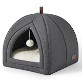 BEDSURE Katzenbett große Katzen Katzenhöhle- 40x40x40 cm Katzenhaus Indoor mit abnehmbarem Sherpa Katzenkissen und hängendem Spielzeug, Katzen Bettchen waschbar, dunkelgrau