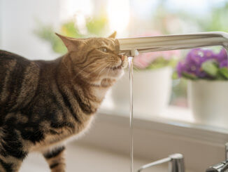 Katze trinkt Wasser am Wasserhahn
