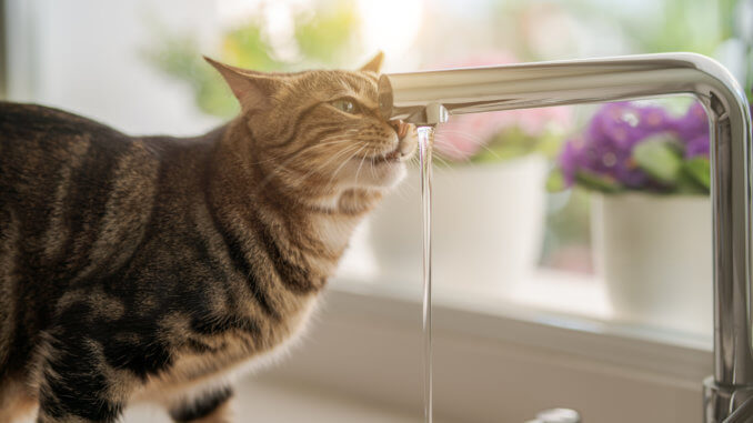 Katze trinkt Wasser am Wasserhahn